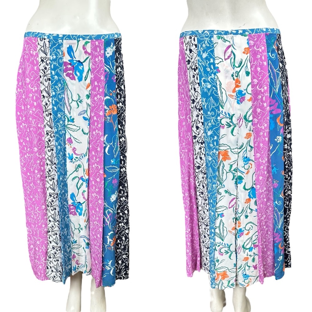 Tanya Taylor "Flavia" 100% Silk Multicolor Floral Patchwork Striped Midi Skirt 6